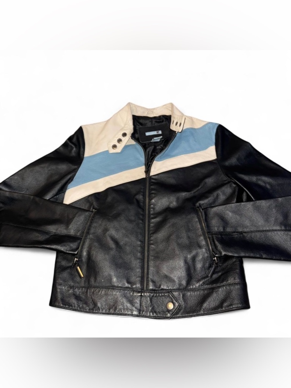Hysteric Glamour Colorblock Leather Moto Jacket - Black, Cream & Light Blue